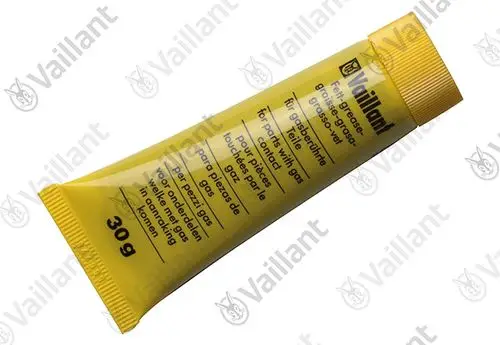 Gelbe Tube mit Fett, gekennzeichnet mit "Vaillant" für Teile mit Gas-Kontakt. Enthält 30 g des Produkts, beschriftet in mehreren Sprachen.